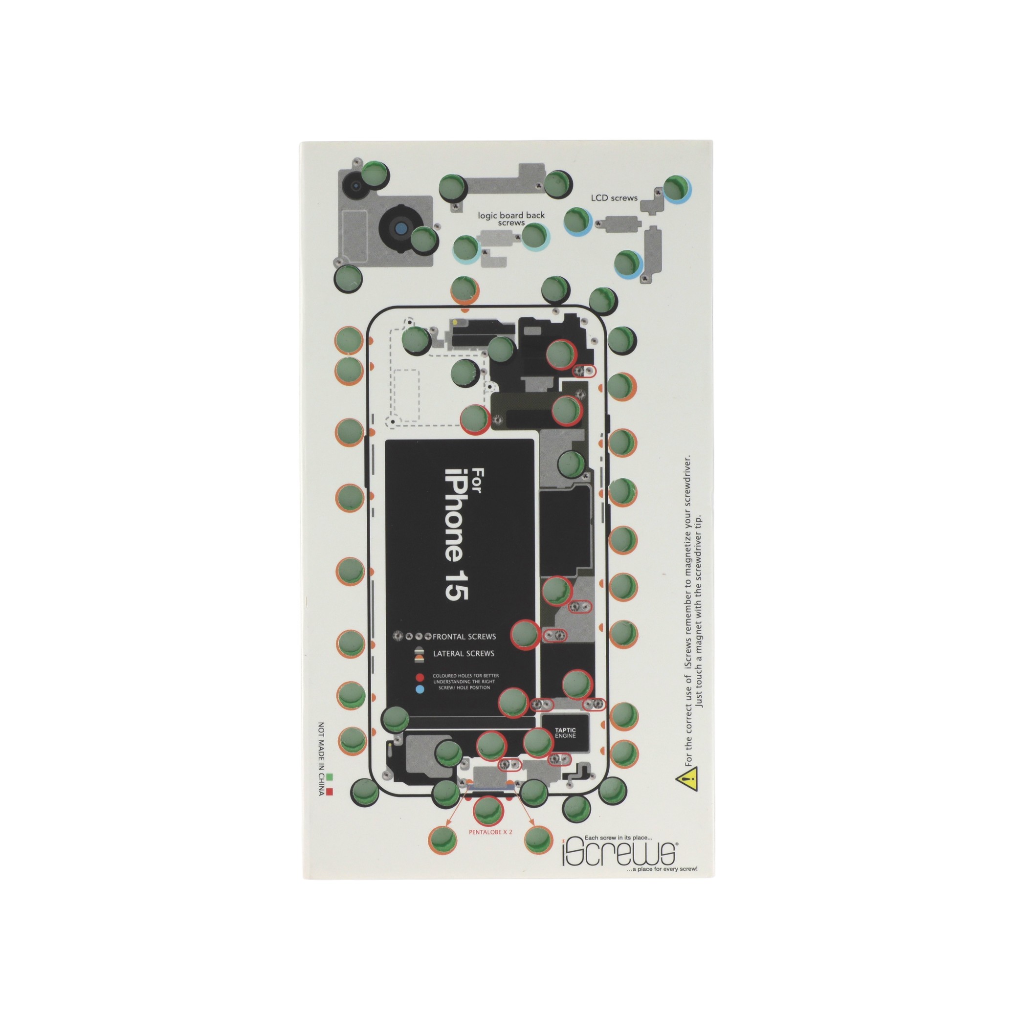 Organizer șuruburi iPhone 15 cu diagramă demontare