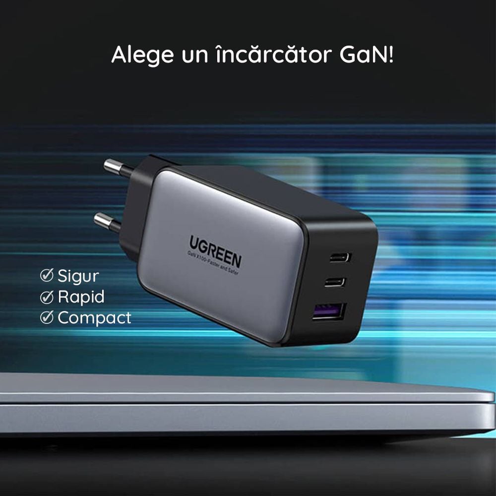 Charger, incarcator retea 240V, USB QC3.0, 2xUSB Type-C PD GaN 65W, 3.25A - Ugreen Nexode (15334) - Alb