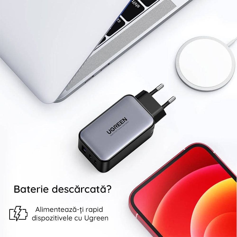 Charger, incarcator retea 240V, USB QC3.0, 2xUSB Type-C PD GaN 65W, 3.25A - Ugreen Nexode (15334) - Alb