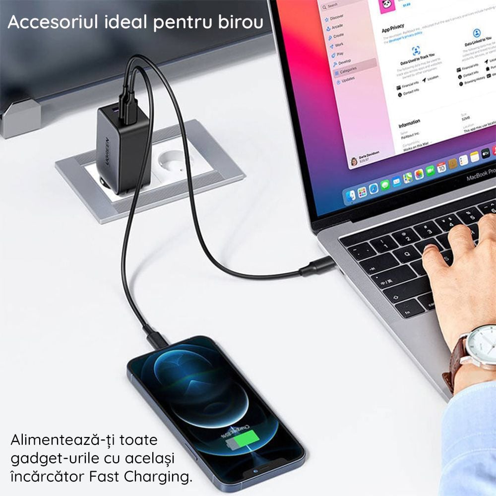 Charger, incarcator retea 240V, USB QC3.0, 2xUSB Type-C PD GaN 65W, 3.25A - Ugreen Nexode (15334) - Alb