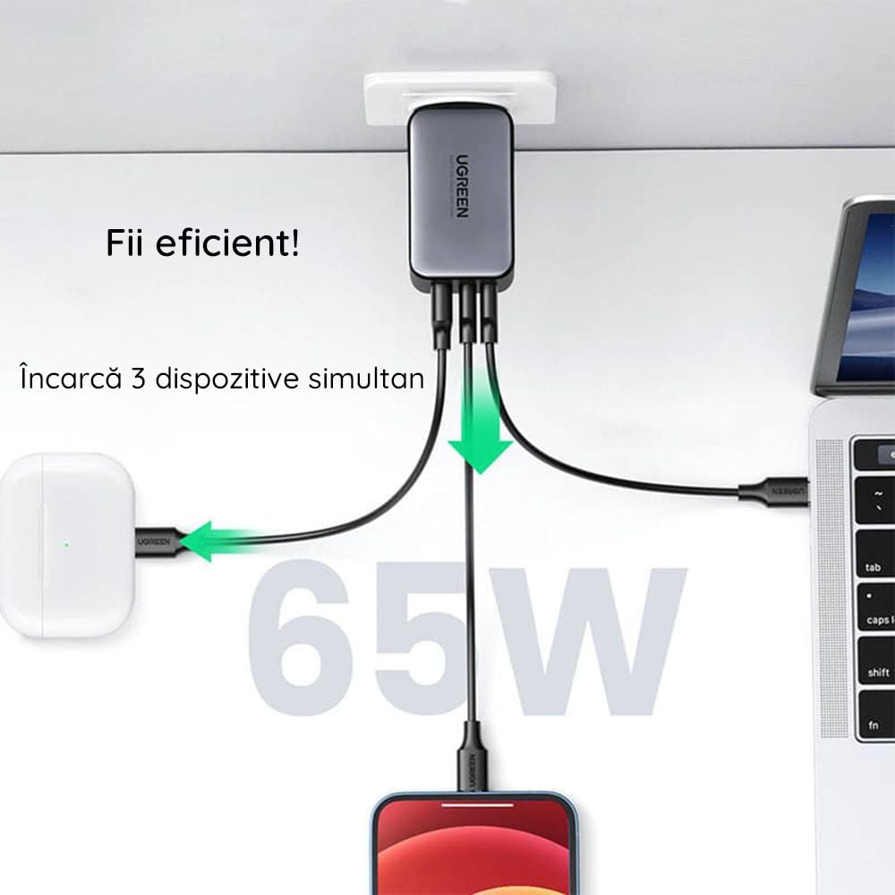 Charger, incarcator retea 240V, USB QC3.0, 2xUSB Type-C PD GaN 65W, 3.25A - Ugreen Nexode (15334) - Alb