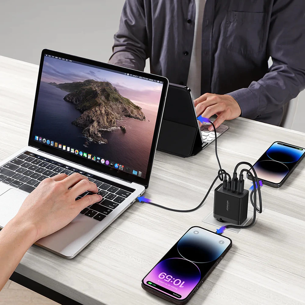 Charger, incarcator retea 240V, 2x Type-C, 2 x USB, 67W + cablu Type-C, 100W - JoyRoom (TCG02) - Negru
