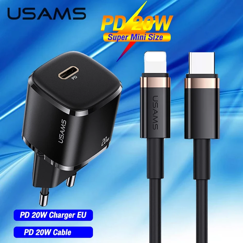 Charger, incarcator retea 240V, Type-C PD 20W + Cablu Lightning 1.2m - Usams (XFKXLOGTL01) - Negru