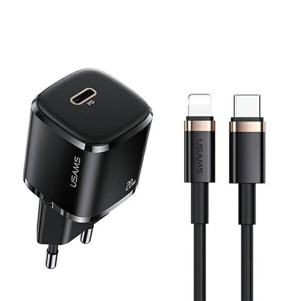 Charger, incarcator retea 240V, Type-C PD 20W + Cablu Lightning 1.2m - Usams (XFKXLOGTL01) - Negru
