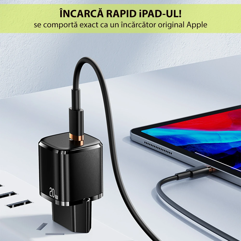 Charger, incarcator retea 240V, Type-C PD 20W + Cablu Lightning 1.2m - Usams (XFKXLOGTL01) - Negru
