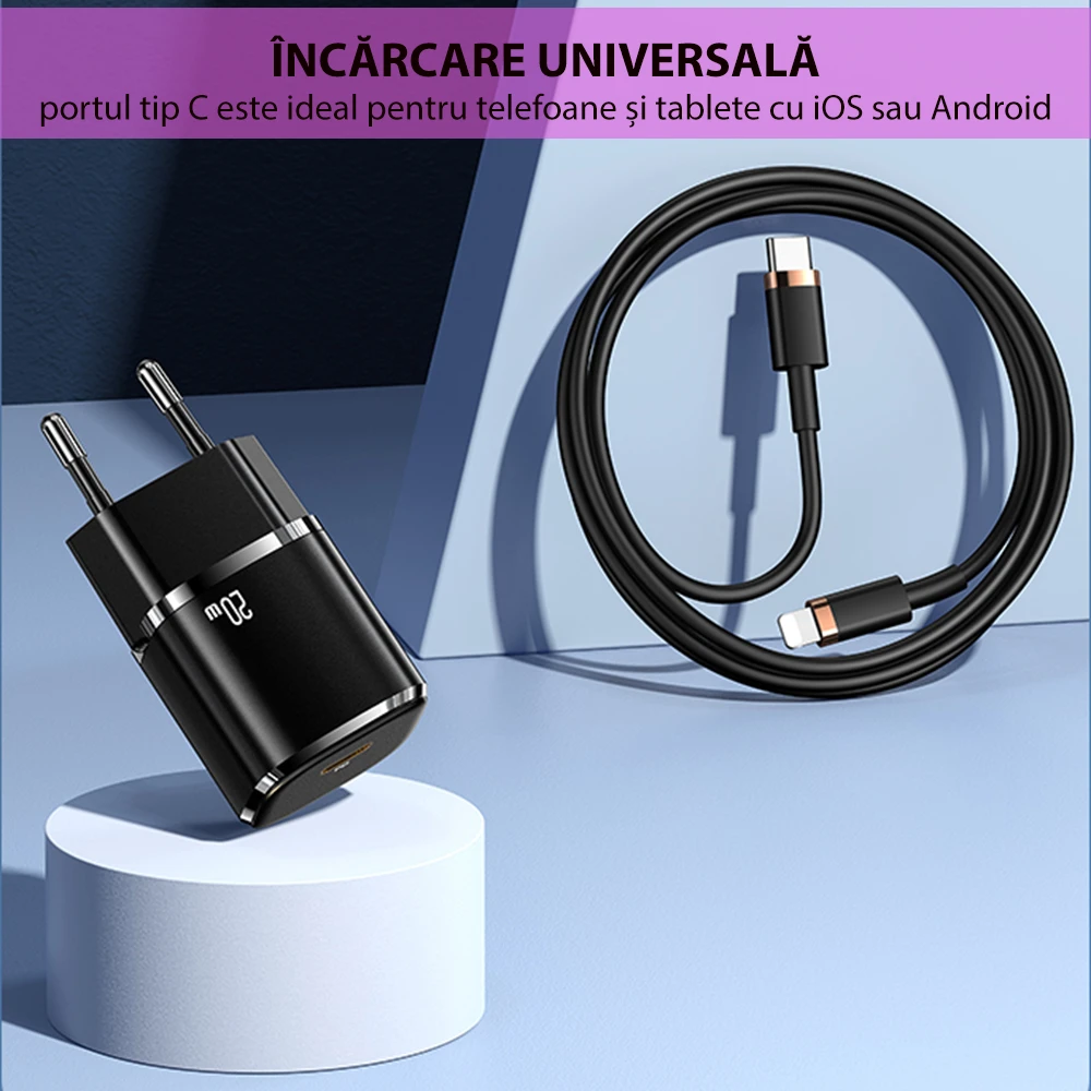 Charger, incarcator retea 240V, Type-C PD 20W + Cablu Lightning 1.2m - Usams (XFKXLOGTL01) - Negru