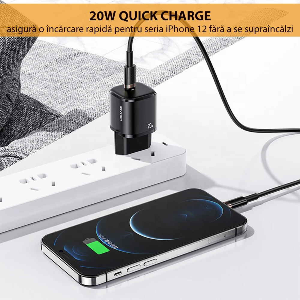 Charger, incarcator retea 240V, Type-C PD 20W + Cablu Lightning 1.2m - Usams (XFKXLOGTL01) - Negru